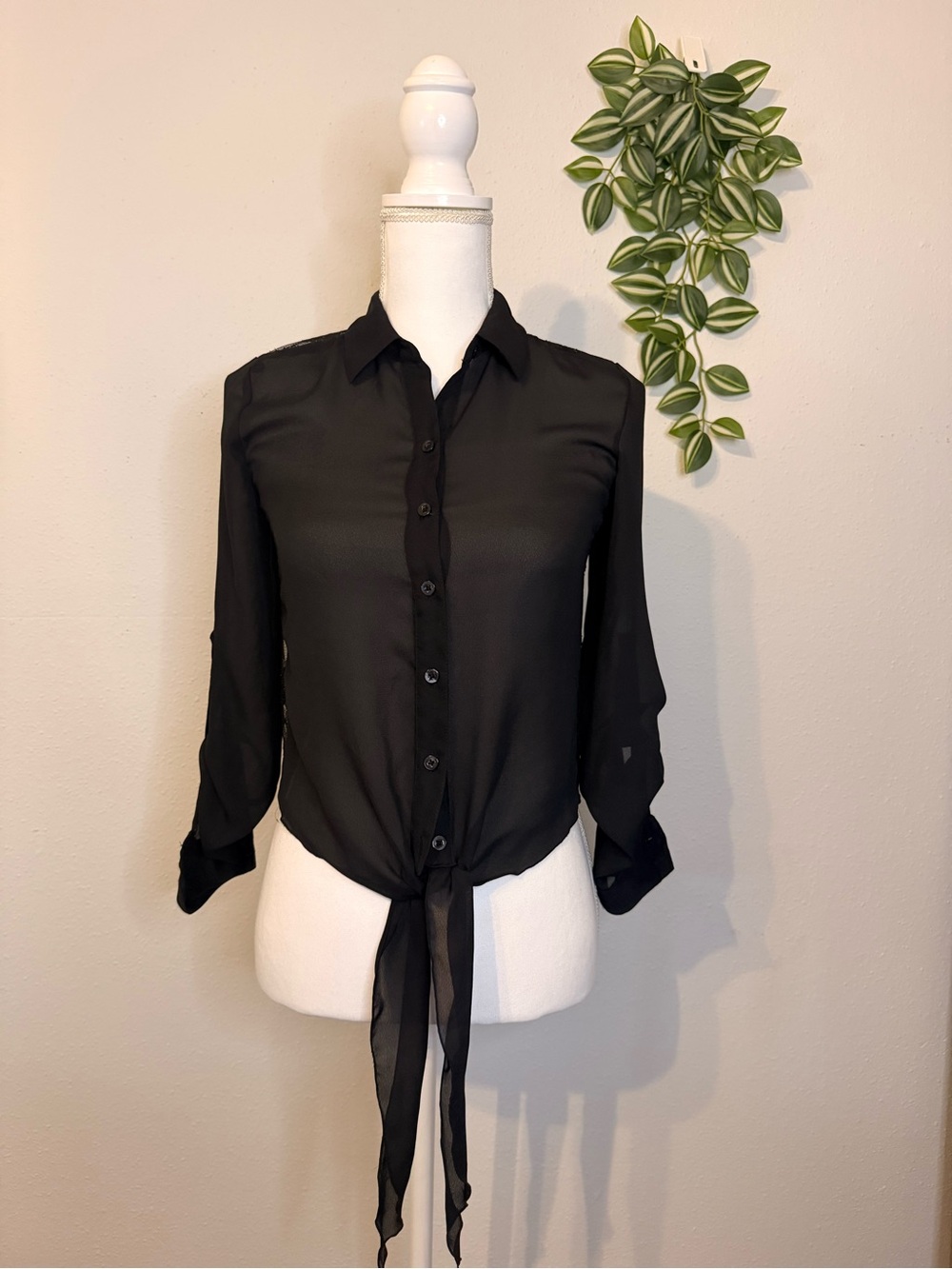 Black Tie-Front Sheer Button-Up Blouse - Women